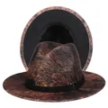 Detail of leopard print fedora with black decorative band and golden metal buckle - M (56-58cm) / Wood Pattern Exterior Black Lining