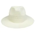 Close-up of the breathable open-weave pattern and hollow band on white Panama straw hat - Hollow Style / Off White