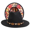 Detail of wool fedora hat with wooden beads band and colorful leopard print underbrim - M (56-58cm) / Black Exterior Red Leopard Lining