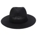 Detail of black woven wide brim Panama hat with breathable hollow-out knit pattern design - Hollow Style / Black
