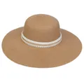 Close-up of woven straw hat featuring elegant white pearl and gold chain decorative band - 56-58cm / Artificial Pearl Chain Lace (287B) / Khaki