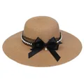 Elegant khaki wide brim straw hat with black lace ribbon and pearl bow accent - 56-58cm / Large Bow Lace Artificial Pearl (294B) / Khaki