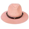 Detailed view of pink woven straw fedora featuring a studded leather band and metal ox head - Bull Head Decor Style / Pink