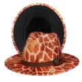 Chapeau Fedora à motif girafe avec large bord, ceinture en cuir marron et doublure noire - M (56-58cm) / Extérieur Girafe Marron Doublure Noire