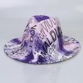Pink and purple tie-dye fedora hat with black graffiti print and wide flat brim - Purple With Letter Print