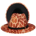 Detail view of colorful giraffe pattern fedora hat featuring black band and metal buckle - M (56-58cm) / Brown Giraffe Exterior Black Lining