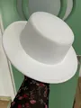 Classic white wool felt flat top wide brim boater hat held by hand in a retro style - M (56-58cm) / Cross Stitch White