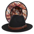 Détail du chapeau fedora noir avec ceinture en cuir marron et doublure motif tigre - M (56-58cm) / Extérieur Noir Doublure Rayures de Tigre
