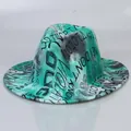 Teal tie-dye fedora hat with black graffiti print and wide brim for jazz style. - Grass Green With Letter Print