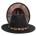 Detail of black wool fedora with animal print lining and beaded wooden band - M (56-58cm) / Black Exterior Wood Pattern Lining