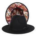 Detail of fedora hat with black wide brim and orange tiger print pattern under the brim - M (56-58cm) / Black Exterior Tiger Stripe Lining