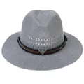 Vintage gray woven fedora hat with brown leather belt and metallic bull head emblem - Bull Head Decor Style / Gray