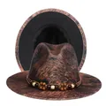 Detail of wool fedora showing brown animal print texture and beaded band decoration - M (56-58cm) / Wood Pattern Exterior Black Lining