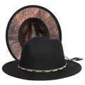 Detail of wool fedora hat with leopard print underbrim, gold chain and black tassel - M (56-58cm) / Black Exterior Wood Pattern Lining