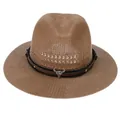 Italian vintage straw fedora with leather band and bull head metal buckle on white background - Bull Head Decor Style / Khaki