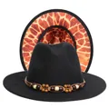 Detail of black fedora hat with multi-colored wooden beads and giraffe print lining - M (56-58cm) / Black Exterior Brown Giraffe Lining