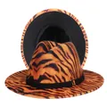 Macro shot of tiger print fedora with black ribbon trim and gold buckle detail - M (56-58cm) / Orange Tiger Exterior Black Lining