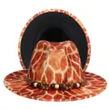 Detail of wide brim fedora with giraffe print, wooden bead band, and black inner lining - M (56-58cm) / Brown Giraffe Exterior Black Lining