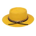 Chapeau de paille d'été pour femmes avec chaîne dorée et ruban noir à bord plat élégant - M (56-58cm) / Jaune