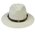 Italian vintage fedora straw hat in beige with leather strap and silver bull head detail - Bull Head Decor Style / Off White