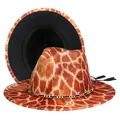 Detail of giraffe print fedora hat with gold metal chain and black tassel accents - M (56-58cm) / Brown Giraffe Exterior Black Lining