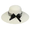 Wide brim straw sun hat for women with black lace ribbon and pearl bow accent - 56-58cm / Large Bow Lace Artificial Pearl (294E) / Cream