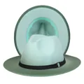 Close-up of wide-brim wool fedora hat in green color-block design with metal buckle - M (56-58cm) / Light Blue and Green