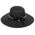 Elegant black wide brim straw hat with pearl band and large bow for beach vacations - 56-58cm / Large Bow Lace Artificial Pearl (294D) / Black