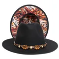Detail of wool fedora with black felt exterior and orange tiger print underbrim - M (56-58cm) / Black Exterior Tiger Stripe Lining