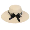 Elegant wide brim straw sun hat with pearls and large black satin bow for beach vacation - 56-58cm / Large Bow Lace Artificial Pearl (294C) / Beige