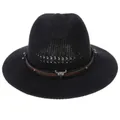 Retro black mesh Fedora hat with brown leather band and western bull skull metal ornament - Bull Head Decor Style / Black