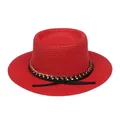 Chapeau canotier en paille rouge avec chaîne dorée et nœud en ruban noir élégant - M (56-58cm) / Rouge