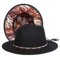 Detail of fedora hat with metal chain decoration and orange tiger print lining - M (56-58cm) / Black Exterior Tiger Stripe Lining