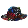 Black fedora with colorful graffiti patterns and brown leather belt accessory - 56-58cm / Black Graffiti Letter Belt Style / Graffiti Smiley Face