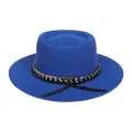 Chapeau canotier en paille bleu roi avec chaîne décorative noire et dorée - M (56-58cm) / Bleu