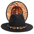 Black fedora hat featuring tiger print underbrim and brown woven band with wooden beads - M (56-58cm) / Black Exterior Orange Tiger Lining