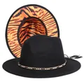 Detail of wide brim fedora with gold chain and orange tiger print lining - M (56-58cm) / Black Exterior Orange Tiger Lining
