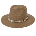 Brown woven wide brim Panama straw fedora hat with white rope and gold chain detail - Medium / Coffee + Khaki