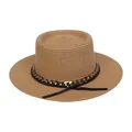 Chapeau de paille à haut plat marron clair avec chaîne dorée et ruban noir pour femme - M (56-58cm) / Kaki