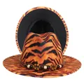 Detail view of orange tiger print wool fedora hat with brown braided bead band - M (56-58cm) / Orange Tiger Exterior Black Lining