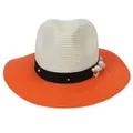 Detail of color-block straw hat with pearl and floral ornaments on the black band - M(56-58cm) / Beige And Orange (355-B)