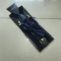Navy blue elastic Y-back suspenders and matching bowtie set on a display card - Navy Blue Set