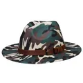 Classic camouflage fedora hat with a brown leather band and silver buckle on white background - 56-58cm / Dark Green Camo Belt Style / Dark Green + Black Camo