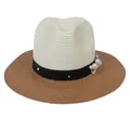 Close-up of straw fedora hat featuring black ribbon with pearls and floral ornaments - M(56-58cm) / Beige And Khaki (355-A)