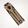 Light khaki suspenders and bowtie set with faux leather details and metal clips - Adult Single Layer Bow Tie / Khaki