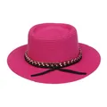 Chapeau de paille plat rose fuchsia avec chaîne dorée et nœud noir femme - M (56-58cm) / Rose rouge