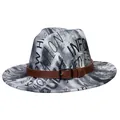 Tie-dye wool felt jazz hat with black and white graffiti print and brown leather belt - 56-58cm / Gray Black Graffiti Belt Style / Gray + Black Graffiti