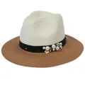 Elegant two-tone woven straw sun hat with black ribbon, faux pearls and flower accents - M (56-58cm) / Beige + Khaki