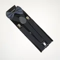 Dark blue-gray Y-shape suspenders and bow tie set with silver metal clips on card - Adult Single Layer Bow Tie / Dark Gray
