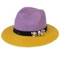 Straw fedora hat in purple and yellow with floral pearl band for summer sun protection - M(56-58cm) / Purple And Yellow (355-D)